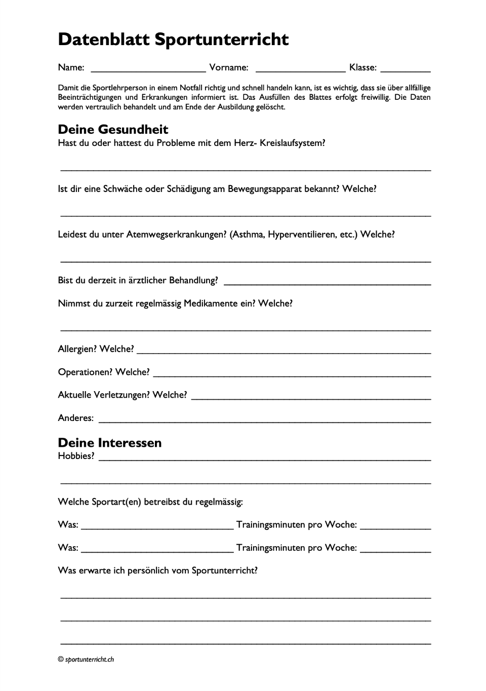 Erhebungsblatt Sportunterricht